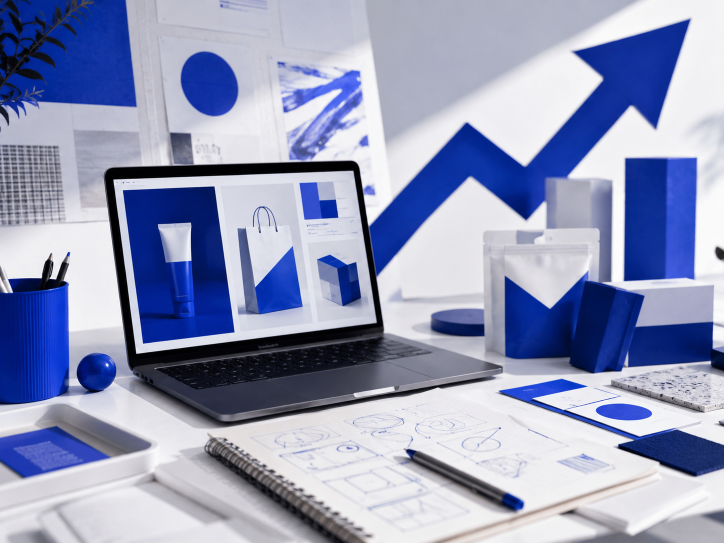 Moderne ontwerpstudio in blauw-witte FOREM-stijl