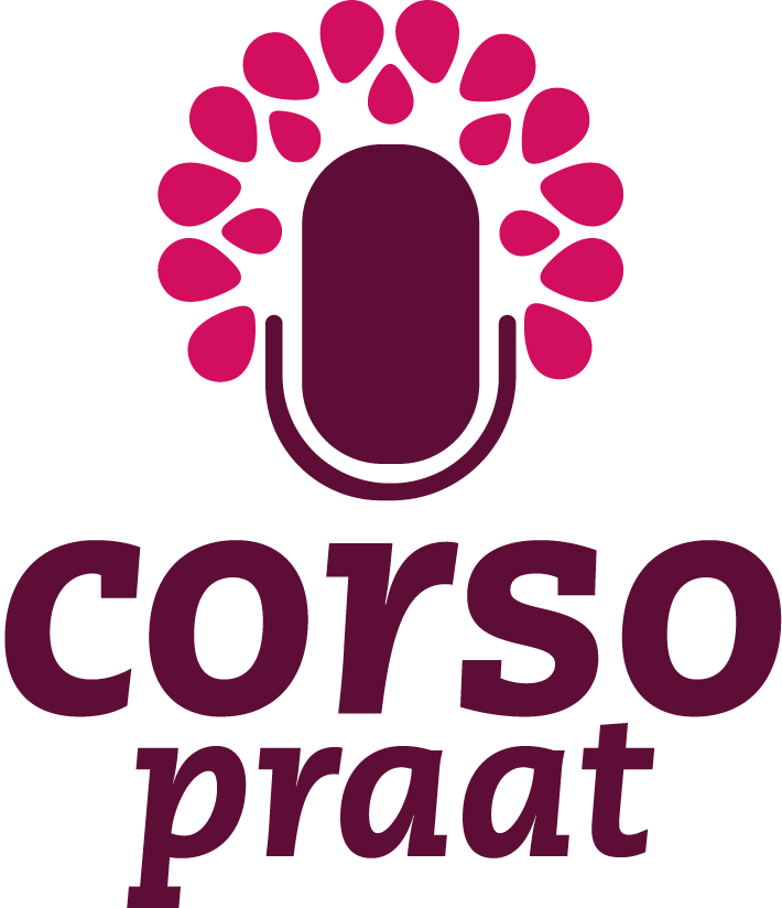 Corso Praat-logo dat een microfoon met het corso-motief verbindt
