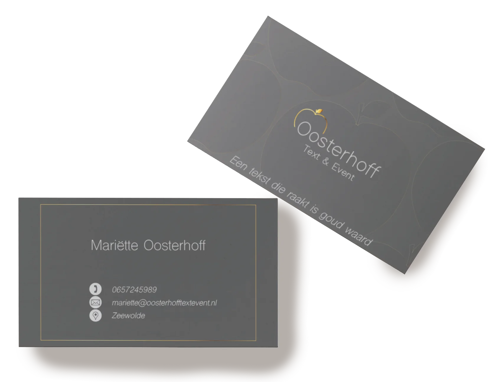 Voor- en achterzijde van het visitekaartconcept voor Mariëtte Oosterhoff Text & Event