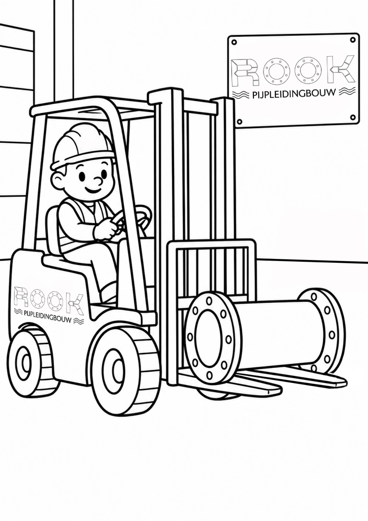 Kleurplaat van een ROOK-medewerker op een heftruck