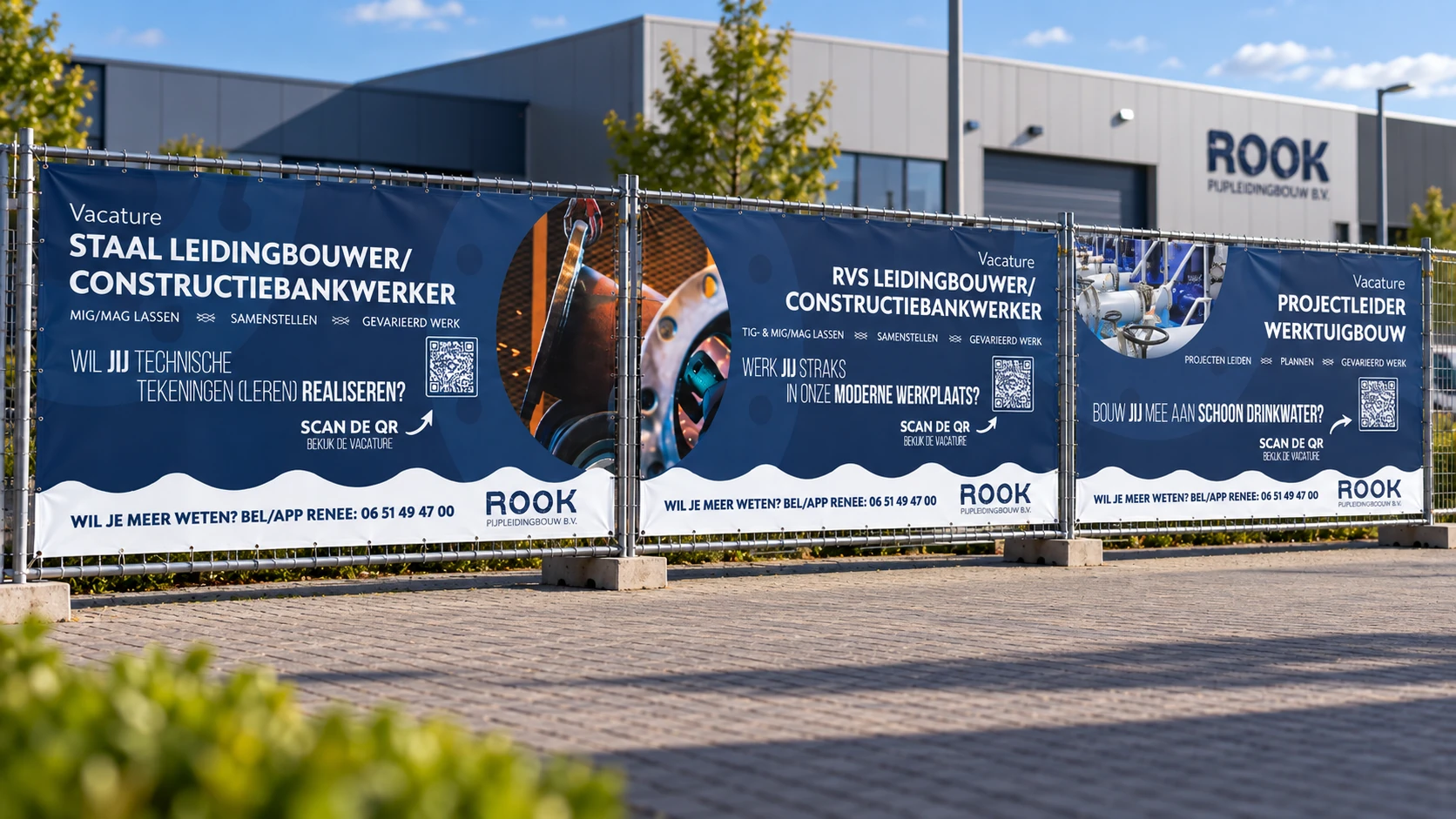 Drie doorlopende ROOK-vacaturebanners bij het bedrijfspand
